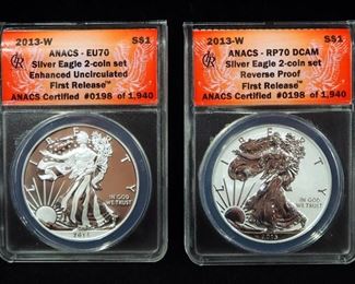 2013 W American Eagle $1 Silver 2-Coin Set, 1 Is Reverse Proof (Graded RP70 DCAM), Other Is Enhanced Uncirculated (Graded EU70), Certified By ANACS