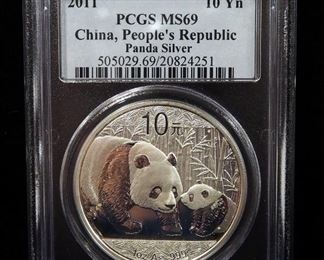 2011 China Panda 10 Yn Silver Coin, 1 Ounce .999 Silver, Certified By PCGS, Graded MS 69