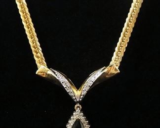 14K Gold Necklace With Clear And Dark Stones Believed To Be Diamonds And Sapphire, 16" Long, Approx 8.16 g Total Weight Including Stones