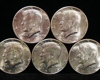 1964 Kennedy Half Dollars, Qty 5