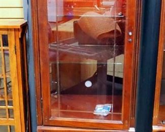 Lighted Cabinet With Cut Glass Door, 3 Glass Shelves, Lower Cabinet, Light Powers On, 69.5" H x 23.5" W x 20.5" D, Compliments Lot 202, Handle Broken