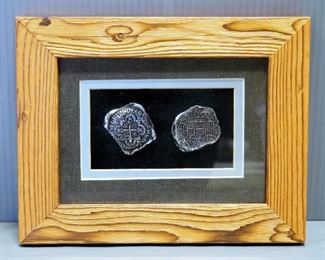 Spanish Silver Coin Replicas (Platinum Coated), Framed, And World Map Wall Clock