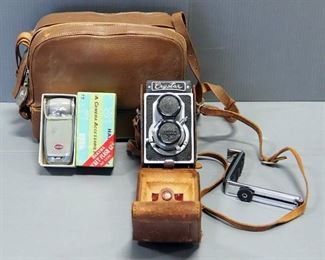 Vintage Crystar Box Camera In Leather Carry Case, Hakuba Light Meter, And More, In Carry Bag