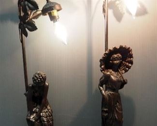 Table Lamps With Figures Of Women, And Leaves On Curved Posts, 26.5" And 22.5' High, Both Power On