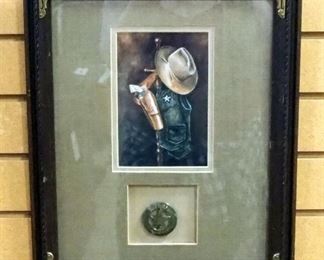 Texas Rangers Tin Badge And Drawing Of Western Wear, Framed Mated, Under Glass, With Note From Artist On Back, 13.5" W x 16.25" High