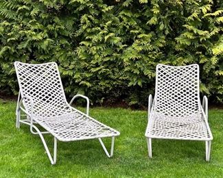 PAIR BROWN JORDAN LOUNGE CHAIRS | Pair of Brown Jordan "Lido" outdoor patio chaise lounges with white frames and white vinyl strapping, with adjustable backs; 24 x 60 x 40 in.