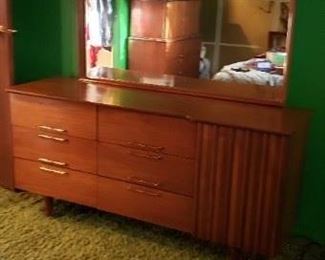 MCM Young Manufacturing Co. Solid Wood 4 pc Bedroom set Chest of Drawers 38"W x 19"D x 46.75"H , Dresser 62"W x 19.75"D on left & 20"D on right x 30"H with attached Mirror 49"W x 31.25"H & Full size headboard 56.5"W x 31.75"H x with footboard & side rails (no mattress or box) WAS $1995 Now $1495