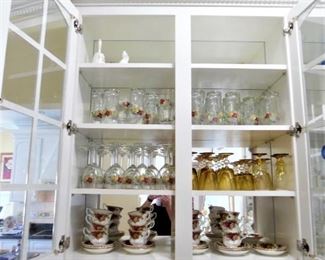 Wine glasses, teacups and saucers, vintage glassware as well