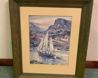 Framed Painting of a Sailboat in a Cove