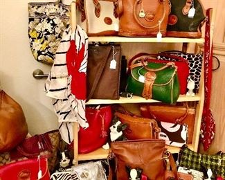 DESIGNER PURSES INCLUDING VINTAGE DOONEY & BURKE, COACH, KATE SPADE, AND VERA BRADLEY.