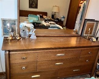 Incredible MCM bedroom set. Includes low-boy dresser, mirror, side tables & bed frame 