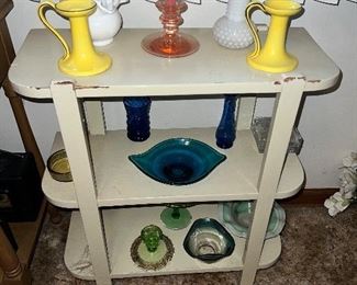 Charming little bookshelf with milk glass, depression glass & more