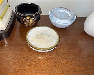 Marble and brass caddy & Kosta Boda bowl