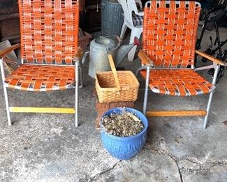 Great vintage webbed lawn chairs - lovely blue USA pot & great zinc watering can