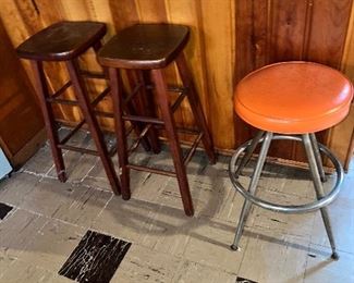 4 wooden stools in total and one fabulous vintage orange stool