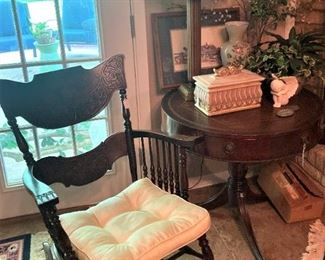 Antique rocker; tri-leg drum table