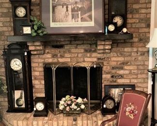 Fireplace screen; assorted clocks