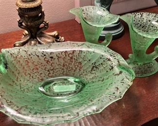 Lovely green bowl and candleholders/vases