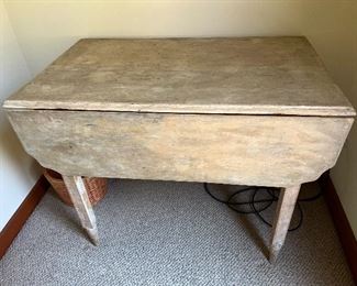 Primitive rustic drop leaf table, original worn finish