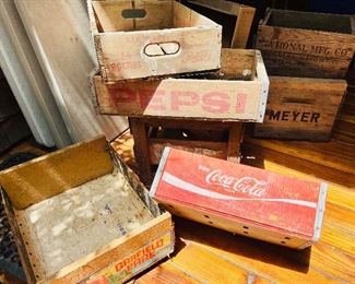 Misc. advertising wooden bottle boxes - Coca Cola, Pepsi Meyer, produce box and National Mfg. Co.