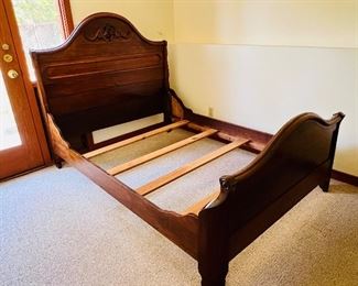 Antique carved double bed with headboard, footboard and side rails