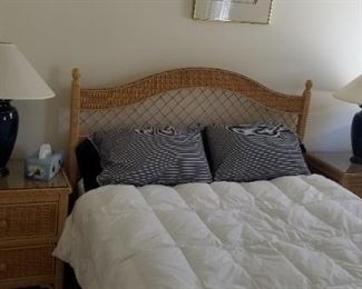 Wicker bedroom set: queen bed, two nightstands, long dresser with mirror