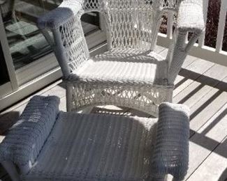 All-weather porch furniture with navy blue Sunbrella cushions 