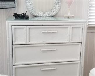 Clean & stylish & sturdy dresser; wicker mirror
