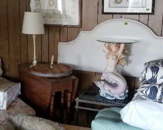 Gate leg table, coffee table, upholstered full headboard