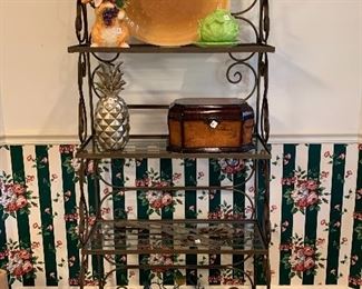 	#14	Wrought iron baker's rack with glass shelves heavy 30x13x73	 $85.00 	