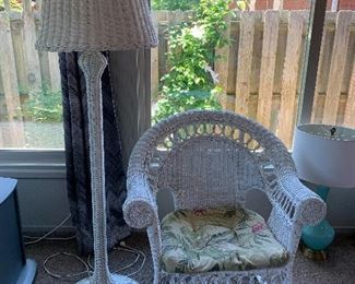#29   White wicker floor lamp 61"H	 SOLD	
#30   White wicker rocking chair with cushion  $40.00 	