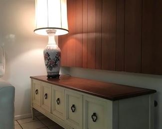 credenza, cream paneled wood face, rich wood top perfect condition. 60" x 18" deep by 22" tall