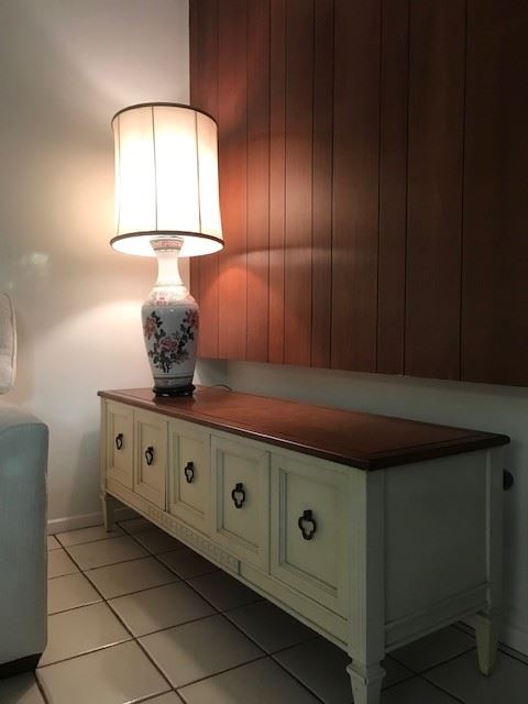 credenza, cream paneled wood face, rich wood top perfect condition. 60" x 18" deep by 22" tall