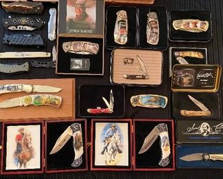 Pocket knife collection: Schrade Old Timer Classics in Tin, Case XX, Air Force, Chiquita Bananas, John Wayne, Roy Rogers, The Lone Ranger, John Deere, Sam Colt, Charlton Heston