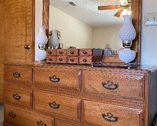 Ballman Cummings Mirrored Dresser • Milk Glass Lamps • 8 Drawer Oak Jewelry Chest  ( There is also a matching 5 Drawer Chest of Drawers)