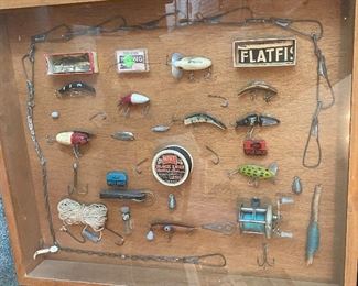 Shadow Box with old fishing lures, reel