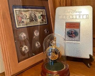 Framed John Wayne two dollar bill with commemorative coins, John Wayne collector pocket watch, Walt Disney treasures Davy Crockett the complete televised series