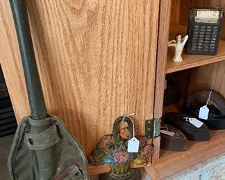 WWII World War II Ames Army Shovel (1945), Cast Iron Flower Basket Door Stop, Five Sad Irons, NEC 2 Band 8 Transistor Radio, Antique Nude Pin Cushion Topper Lady 