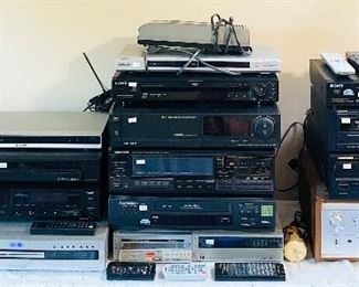 Sony STR-6050 Stereo Receiver, ONKYO Stereo Double Cassette Tape Deck, Sony RDR-GX7 DVD Recorder, Vintage Sony Cassette Recorder SL-2500, Pioneer CD, Mitsubishi VHS, Sony CD & more! 