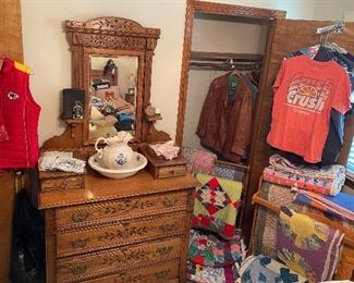 Victorian spoon carved mirror dresser, many quilts, KC Chiefs vest jacket and scarf, cool vintage T-shirts, Vintage Pitcher & Basin. 