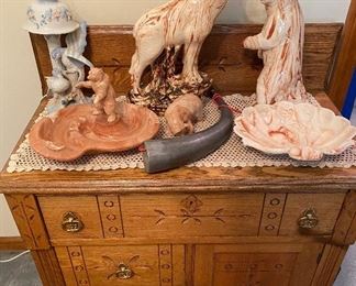 Victorian spoon carved Washstand, ceramic swirl ram & bear, ashtray. 