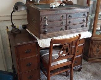 Antique Merrick's Wood Counter Display Cabinet Secretary Desk & Chair
