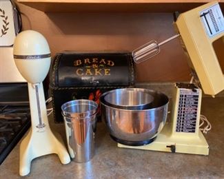 Retro Almond Mixer can be a hand mixer or with stand, comes with 2 bowls, Milk Shaker maker!!! Bread box, beautiful..