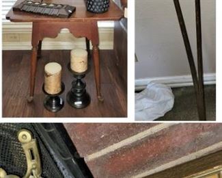 Antique items: Metal Hors, Wood Crutch, framed gear and fire place roller