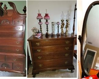 Colonial Williamsburg antique furniture.  Tall chest, 4-drawer chest, dressing mirror