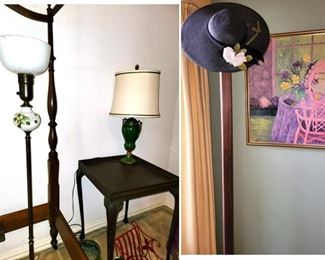 Antique lamps, wood hat rack and old hats