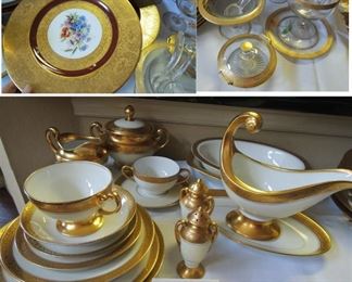 Haviland Limoge Dinner China set.  Crystal with gold rims matching / coordinating stemware in many sizes.