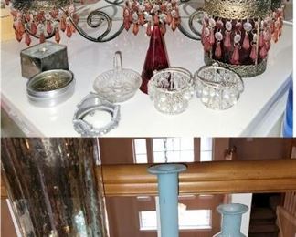 Candles and candle holders, blown glass vases