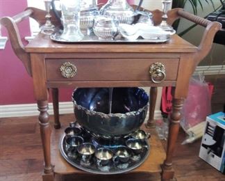 Antique Commode Furniture, silver plate punch set, Art Deco Silver plate coffee service