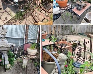 Old Metal decor, fencing, plant holders and more. Water Fountain, statuary, pots and planters.  4 patio chairs, Zero Gravity Chair, 4 old metal chairs and table top
